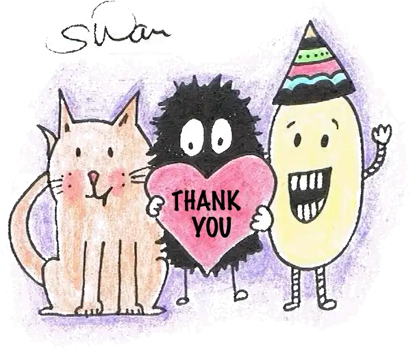Drawing Three figures, the centre one holding a heart with the word Thank you in front of it