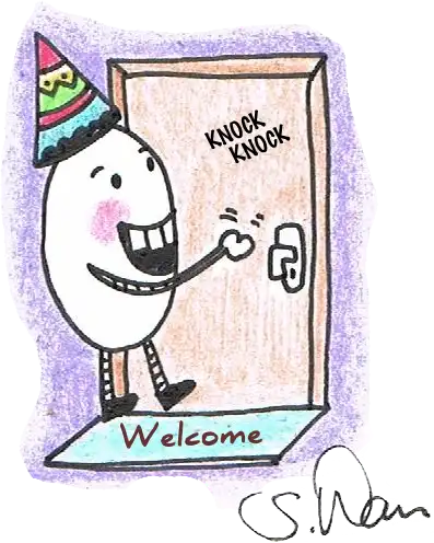 Drawing: Someone stands on a welcome mat in front of a door and knocks.
