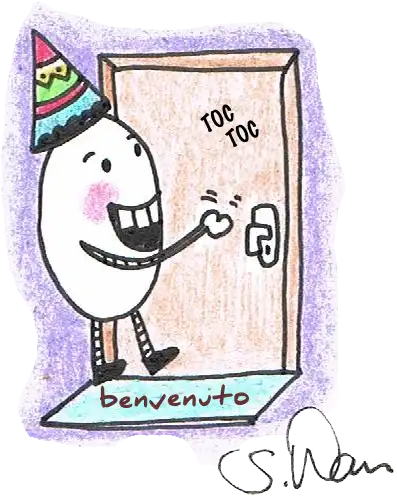Disegno: Qualcuno sta su un tappeto di benvenuto davanti a una porta e bussa.
